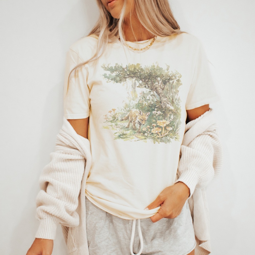 Fox in Forest Watercolor Graphic Tee Nature Botanical Art